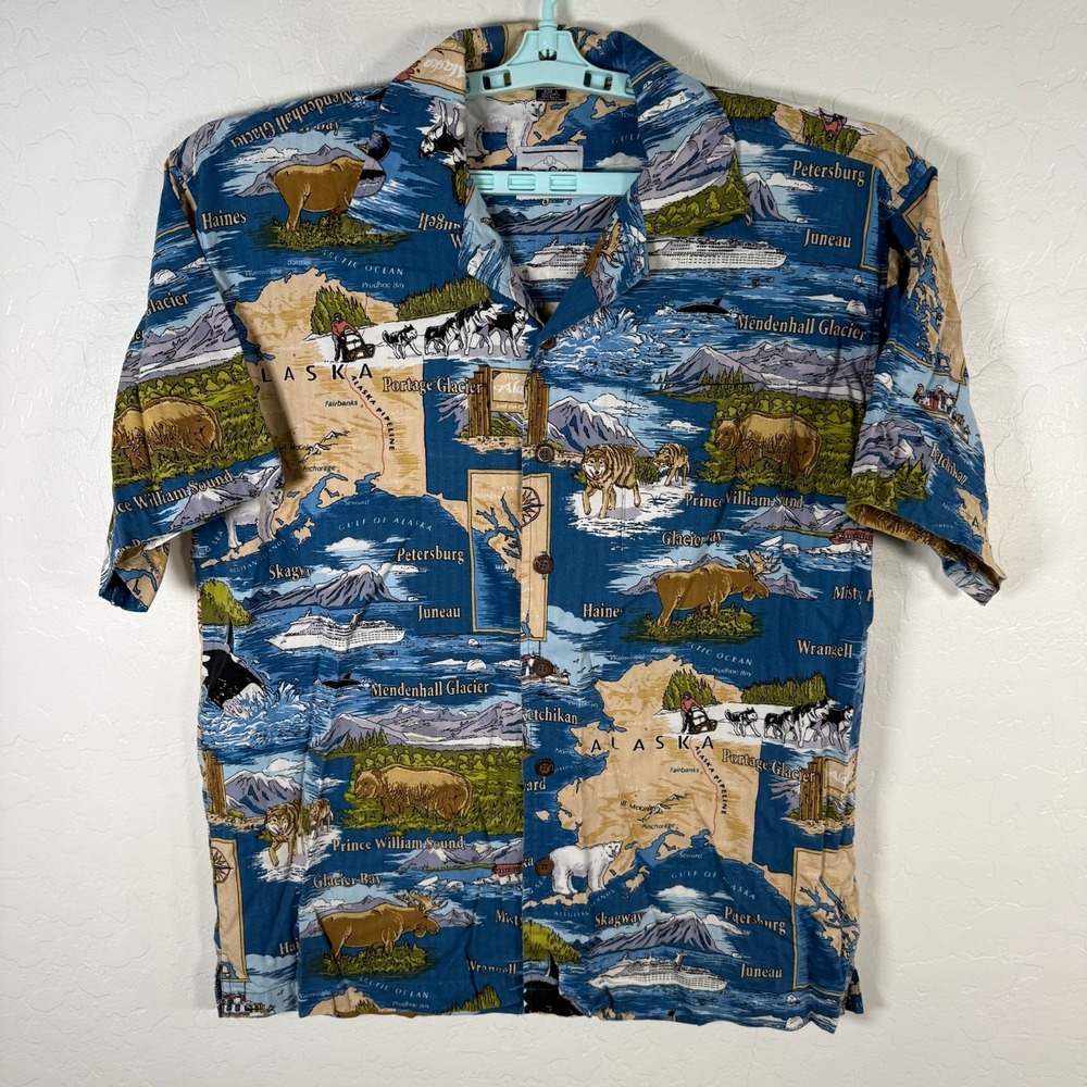 David Carey Shirt Mens Large Blue‎ Alaska Map Hawaiian Camp Collar Rayon Cotton